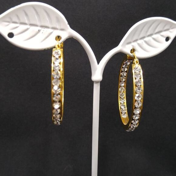 Gold Rhinestone Hoop Earrings 316L Stainless Steel Pierced 1.5" Vintage - Picture 2 of 9